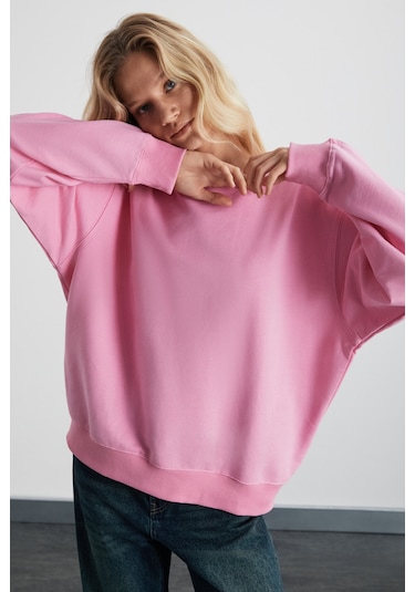 Karıus Kadın Organik Pamuklu Içi Polarlı Oversize Yuvarlak Yakalı Pembe Sweatshirt