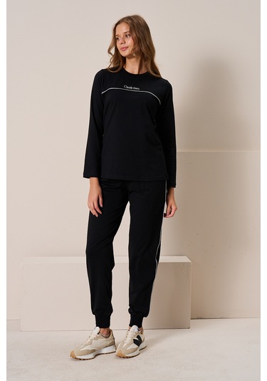 Kadın Penye Uzun Kol Pijama Takımı 3197 Siyah Siyah