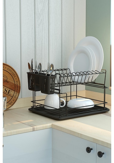 Teknotel İki Katlı Modüler Tabaklık Bulaşıklık Mat Siyah Kb010 Siyah