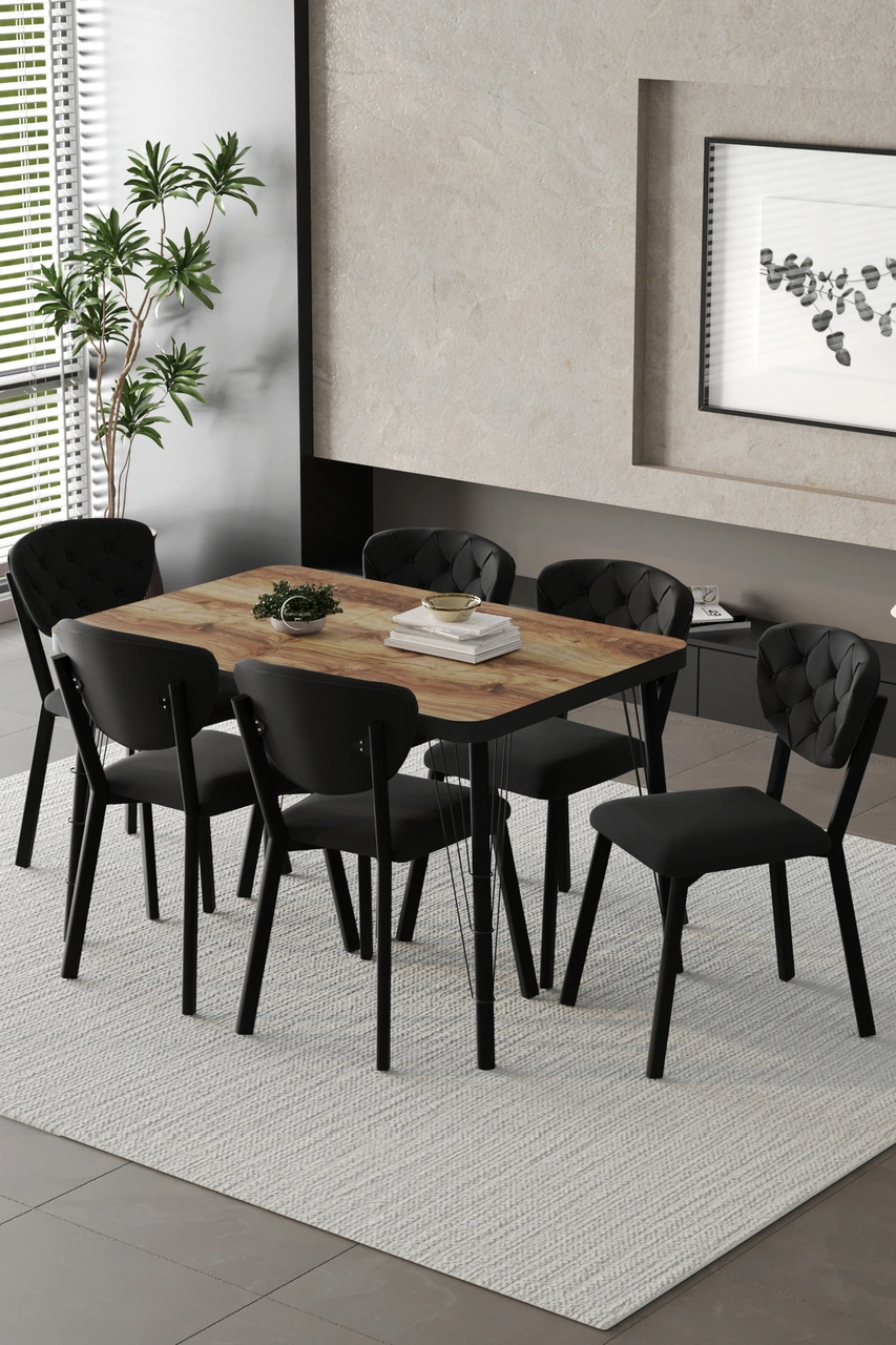 Mutfak Masası Takımı Elma Serisi 6 Sandalyeli Siyah Ceviz