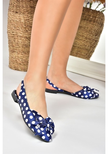 Lacivert/beyaz Saten Kumaş Puantiyeli Kadın Babet H726809004 Beyaz - Lacivert