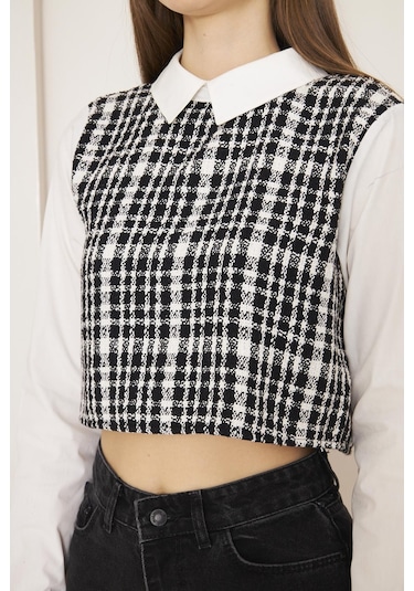 Darlin Moda Siyah Tweed Gömlek Yaka Crop Bluz Dm9002 Siyah