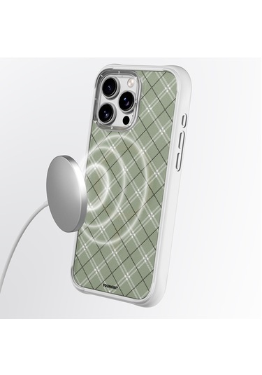 İphone 16 Pro Max Uyumlu Kılıf M-safe Şarj Özellikli Youngkit Argyle Serisi Kapak Açık Yeşil