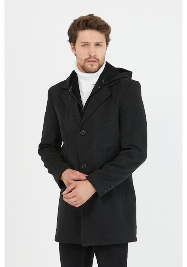 Erkek Antrasit Yün Karışımlı Kaşe Kapüşonlu Önü Fermuarlı Kaban Antrasit