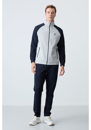 Tommy Life Gri Lacivert Dik Yaka Çift Renk Rahat Form Klasik Paça Erkek Eşofman Takımı - 85113 Gri - Lacivert