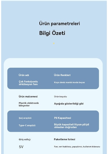 Usb Çok Fonksiyonlu Katlanır Sirkülasyon Fanımavisi Mavi