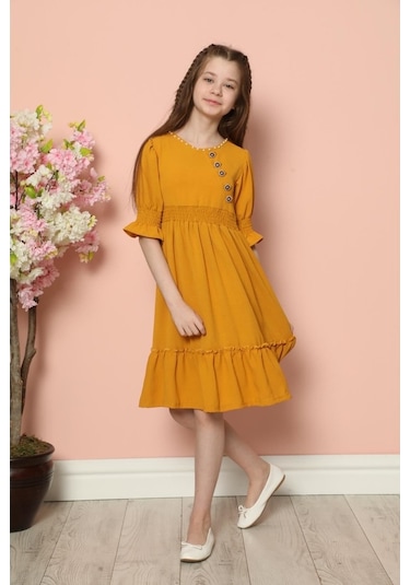 Aymeravm - Yaka Incili Düğme Detaylı Kız Çocuk Elbise - Als14... (545626213) Sarı