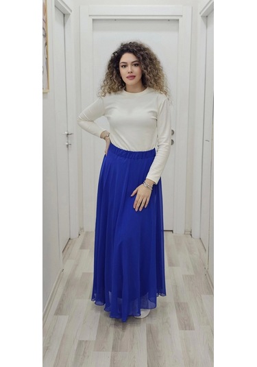 Bel Lastikli Kloş Şifon Etek 6003-saks Saks