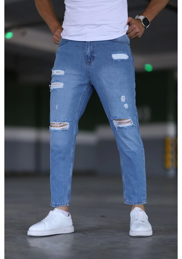 Erkek Boyfiend Yırtıklı Mavi Kot Pantolon Mavi