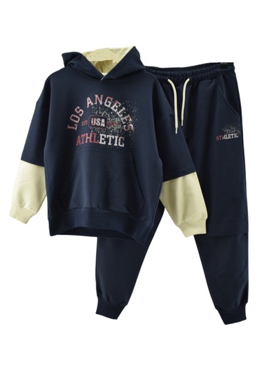 Erkek Çocuk Athletic Yazılı Kapüşonlu Kanguru Cepli Lacivert Renk Eşofman Takımı Lacivert