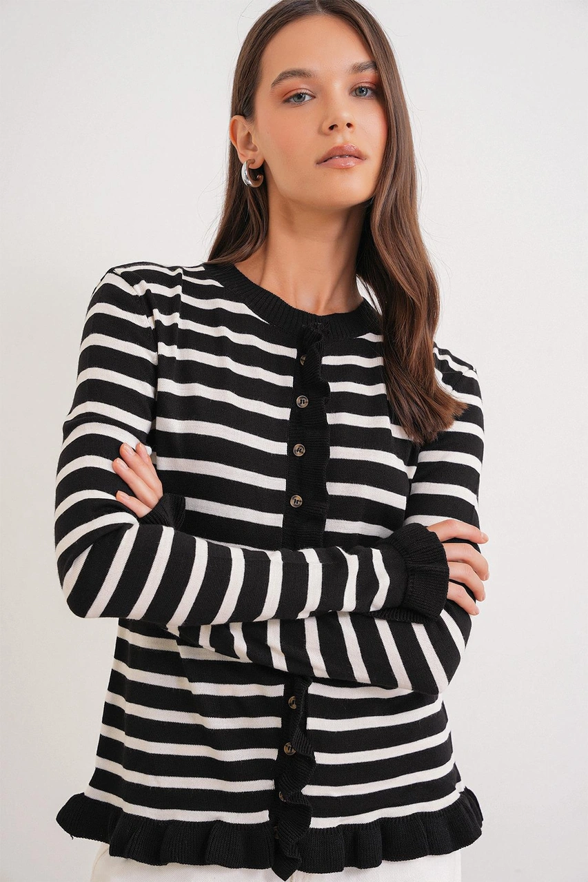 6965 Kadın Fırfır Detaylı Çizgili Triko Hırka Siyah Siyah