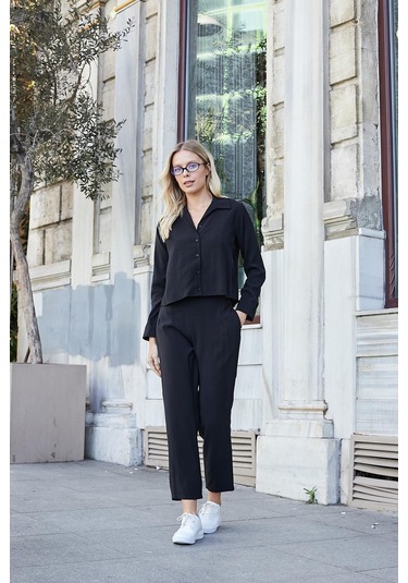 Kadın Likrasız Modal Kumaş Uzun Kol Hafif Kısa Gömlek-siyah Siyah