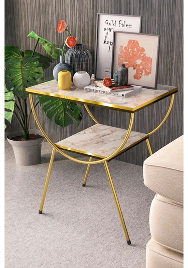 Yan Sehpa Komodin Metal Ayak Çift Gold Efes 1979 Beyaz Mermer Desen