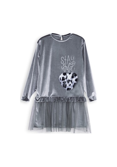 Denokids Leopar Cepli Kız Çocuk Gri Kadife Elbise Renkli