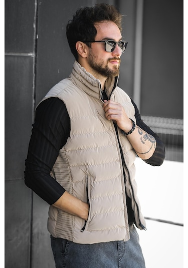 Lordy Örgü Detaylı Cepli Dik Yaka Nova Parlak Kumaş Erkek Şişme Yelek Camel