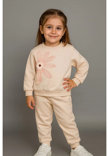 Büyük Çiçek Nakışlı %100 Pamuk 2 Li Çocuk Eşofman Takımı Bej