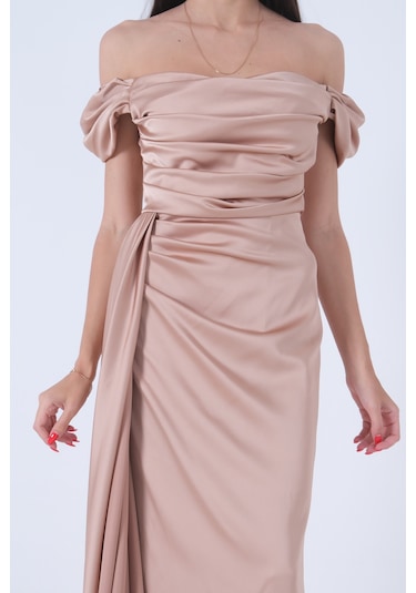 Feminist Bej Drape Detaylı Saten Kumaş Abiye Elbise 9704858.55