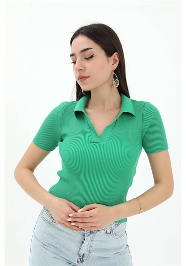 Polo Yakalı Kısa Kol Triko Kazak - Yeşil - Kadın Yeşil