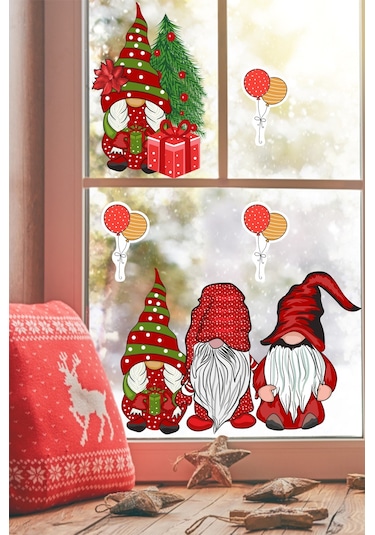 Yılbaşı Cüceler Ve Balonlar Pencere Sticker Yılbaşı Sevimli Cüceler Sticker