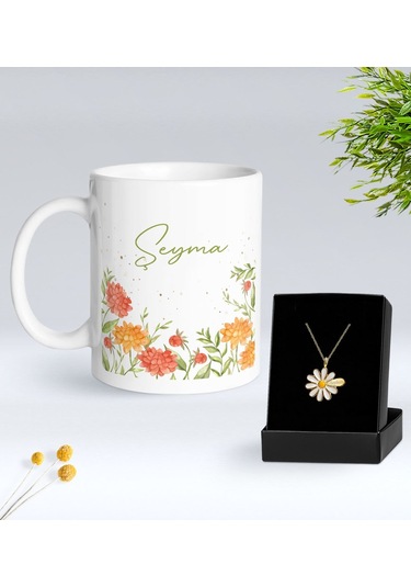 Bk Gift Kişiye Özel İsimli Çiçek Tasarımlı Beyaz Kupa Ve Papatya Kolye Hediye Seti - 4, Sevgiliye Hediye, Anneye Hediye, Arkadaşa Hediye Kobitmeyencom