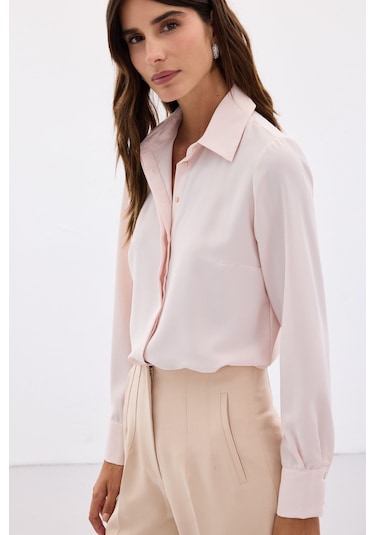 Sateen Klasik Düz Gömlek - Pudra-123674 Pudra