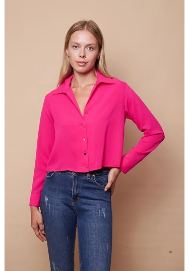 Kadın Likrasız Şık Kumaş Yakalı Uzun Kol Kısa Gömlek-Fujya Fujya