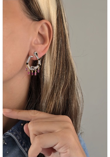 Triangle Pembe Sallantılı Siyah Mineli Köşeli Küpe Çok Renkli