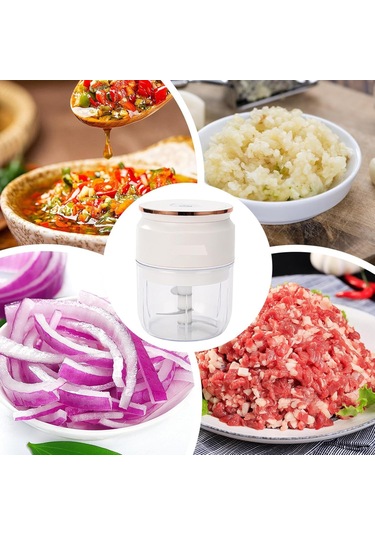 Vkemall Usb Şarjlı Elektrikli Sarımsak Dilimleyici, Su Geçirmez, Kesici Bıçaklı Sebze-ürün Öğütücü Beyaz Beyaz