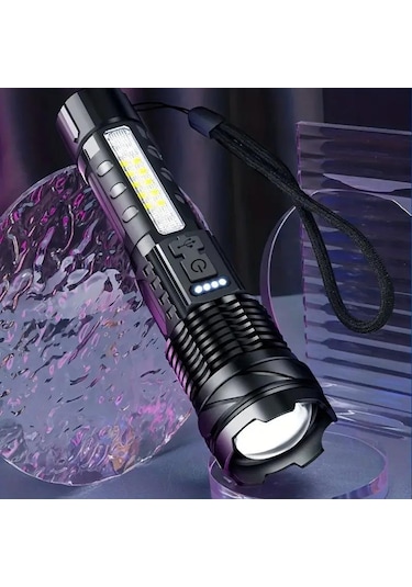Valkyrie Şarjlı 7 Modlu Ultra Güçlü Led El Feneri Çakarlı Çok Fonksiyonlu Zoom 1500mah Siyah
