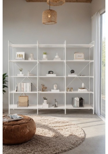 Nilamu Beyaz 200 Cm Kitaplık Metal Gövde, Açık Raflı Organizer Ve Düzenleyici Beyaz