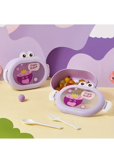 Karikatür Öğle Yemeği Kutusu, Okulda Gençler Ve Çocuklar İçin Taşınabilir 2 Bölmeli Saklama Kabı Mor