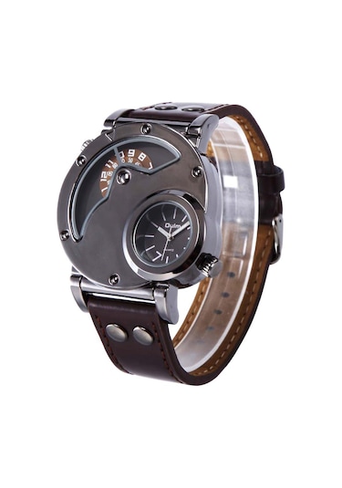 Leezsing Oulm Watch İki Zaman Dilimi Erkek Kuvars Saatler Marka Lüks Deri Kayış Spor Kol Saati İki Hareket Erkek Saat Relogio Masculino Kahve