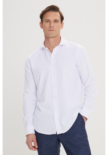 AC&Co / Altınyıldız Classics Erkek BEYAZ Slim Fit Dar Kesim İtalyan Yaka Armürlü Pamuklu Basic Gömlek Beyaz