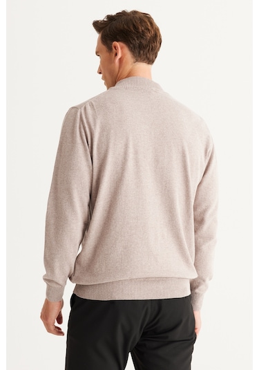 Ac&Co / Altınyıldız Classics Erkek Vizon Standart Fit Normal Kesim Yarım Balıkçı Yaka Pamuklu Triko 4A4921100008VIZS Vizon