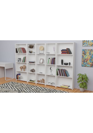 5 Raflı Kitaplık Seti 3 Dar 2 Geniş Raf Kütüphane 170 Cm Beyaz