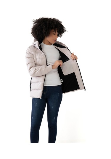 Kadın Taş Kapüşonlu Içi Polarlı Su Geçirmez Rüzgara Dayanıklı Şişme Mont & Kaban & Parka Taş