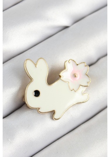 Mineli Çiçek Detaylı Krem Tavşan Figürlü Gold Renk Kadın Broş Çok Renkli