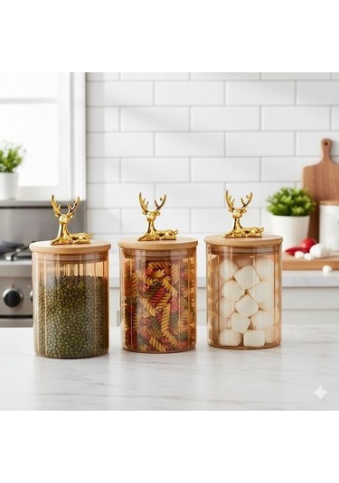 Morponi 3'lü Borosilikat Cam Geyik Figürlü Şık Çizgili Amber Cam Kavanoz Mutfak Seti 500 Ml Şeffaf