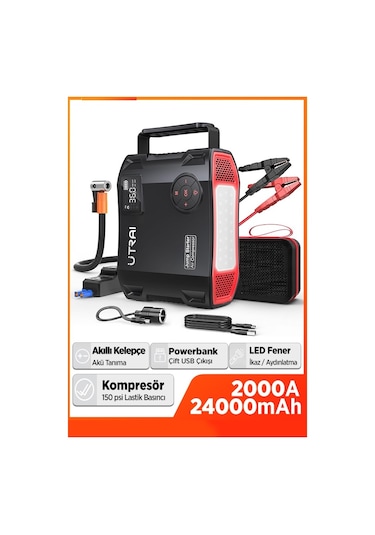 Utrai Jstar 5 24000 mAh 2000A Jump Starter + Lastik Şişirme Pompası Taşınabilir Akü Takviye Cihazı Seti