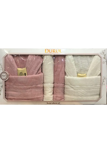 Durul Kadife Jakarlı Pamuklu 8 Parça Aile Bornoz Seti Pudra