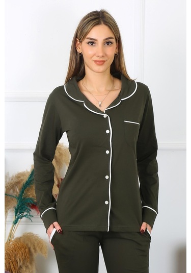 Akbeniz Kadın Pamuk Penye Önden Düğmeli Uzun Kol Haki Pijama Takım 2782-haki Haki