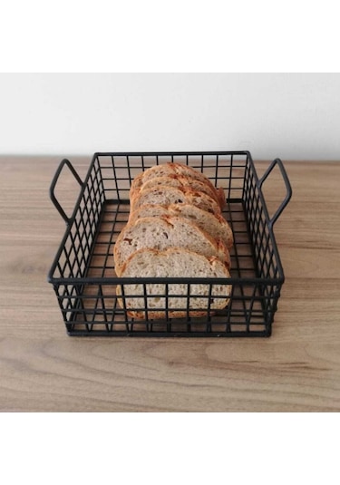 Metal Ekmek Sepeti Dekoratif Saklama Kabı Kare Model Siyah