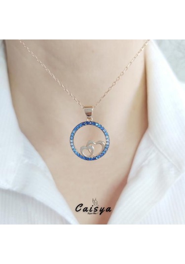 Mavi Nano Taşlı Kalp Gümüş Kolye (479068387)-Rose Gold