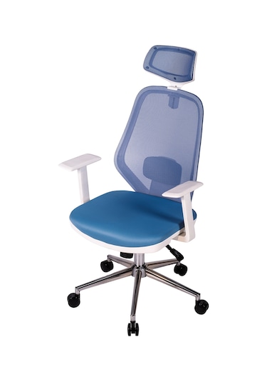 Ofisbazaar Dali Beyaz Fileli Yönetici Koltuğu Ergonomik Başlıklı Ofis Koltuğu Açık Mavi Mavi