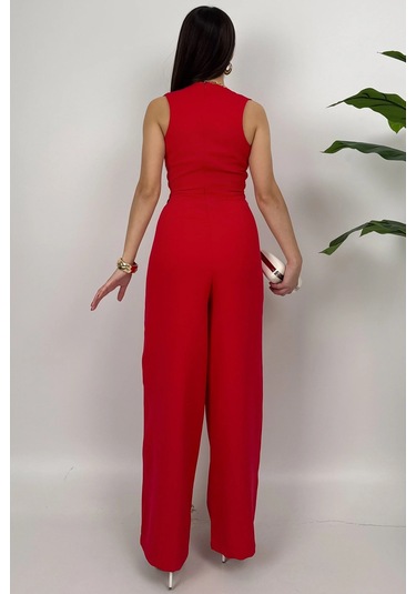 Crimson Icon Kadın Kemer Detaylı Askılı Bol Paça Kırmızı Tulum Rahat Şık Yazlık Kombin Kırmızı