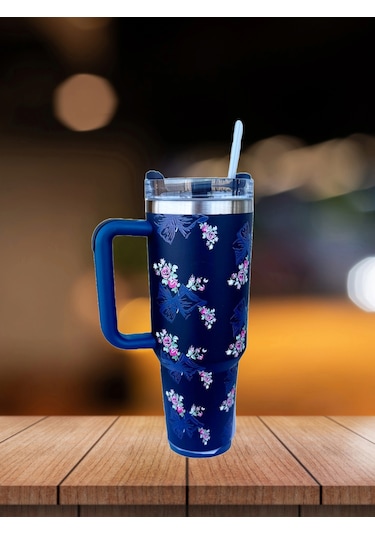 Pipetli 1,2 Litre Kulplu Çelik Termos Renkli - Lacivert Lacivert