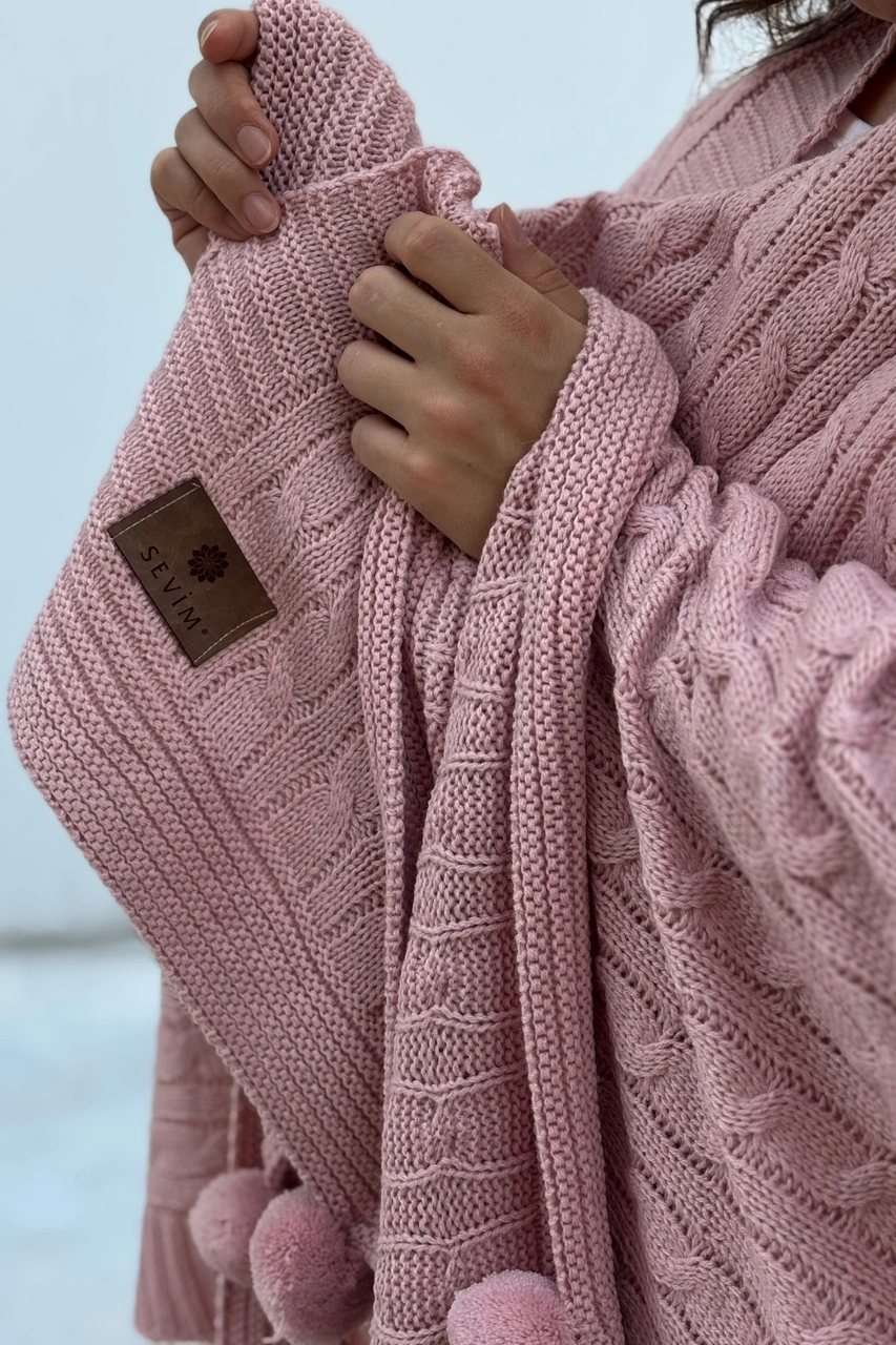 Ponponlu Triko Örme Tv Battaniyesi Örgü Koltuk & Omuz Şalı & Diz Battaniyesi 130x170 Cm-pudra Pudra Pudra