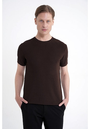 Efor Comfort Fit Rayon Karışımlı Kahverengi Bisiklet Yaka Tişört Ts 925
