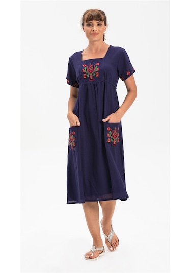 Kısa Kol Şile Bezi Melek Midi Boy Elbise Lacivert Lcvt