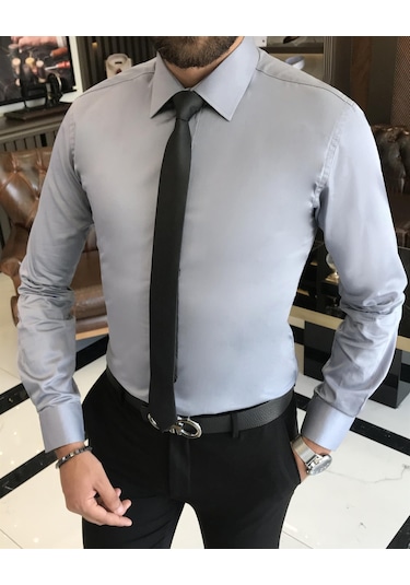 İtalyan Stil Slim Fit Saten Pamuk Erkek Kravat Yaka Gömlek Gri T9428-gri Gri